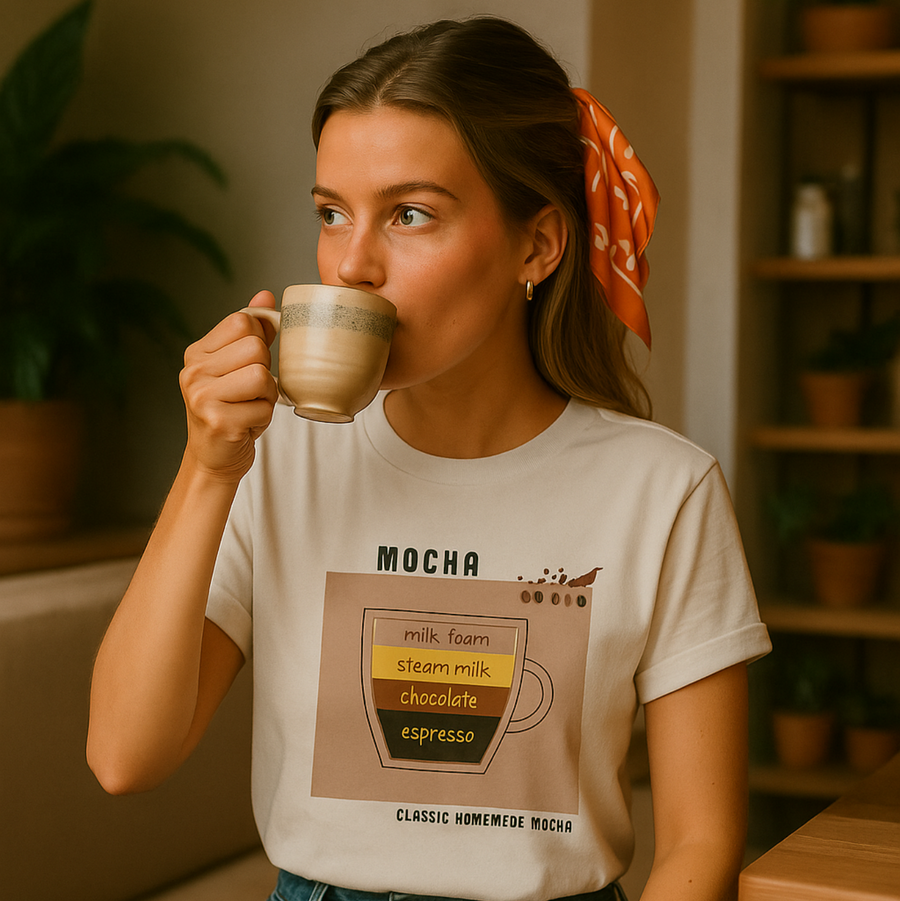 Menina usando camiseta mocha branca